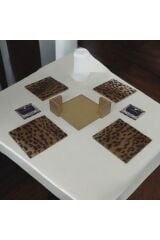 Leopar Desenli Kumaş Kaplı Bardak Altlığı Gold Tutacaklı Coaster