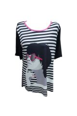 Çizgili Pembe Şeritli Retro Baskılı Kısa Kollu Polyamid Bluz