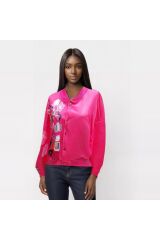 Baskılı Çıtçıt Düğmeli Pembe Bomber Baseball Ceket