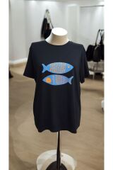 Çift Balık Baskılı Renkli Kısa Kollu Penye T-Shirt