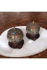 Antika Elyapımı İşlemeli Çin Cloisonné Emaye Kutu Set ve Ahşap Altlık