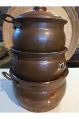 Vintage dövme bakır pirinç kulplu güveç set. Kullanılmamış