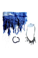 Simli Püskül Detaylı Fular Şal Lapis Lazuli Bileklik & Kolye Set Anneler Günü Doğum Günü Hediye Mavi